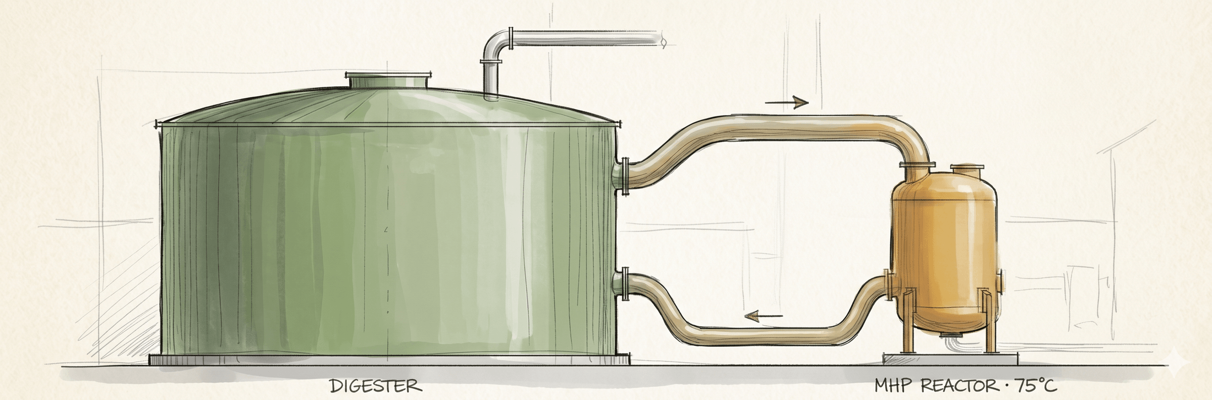 MHP side-stream architecture, large green digester with small ochre reactor