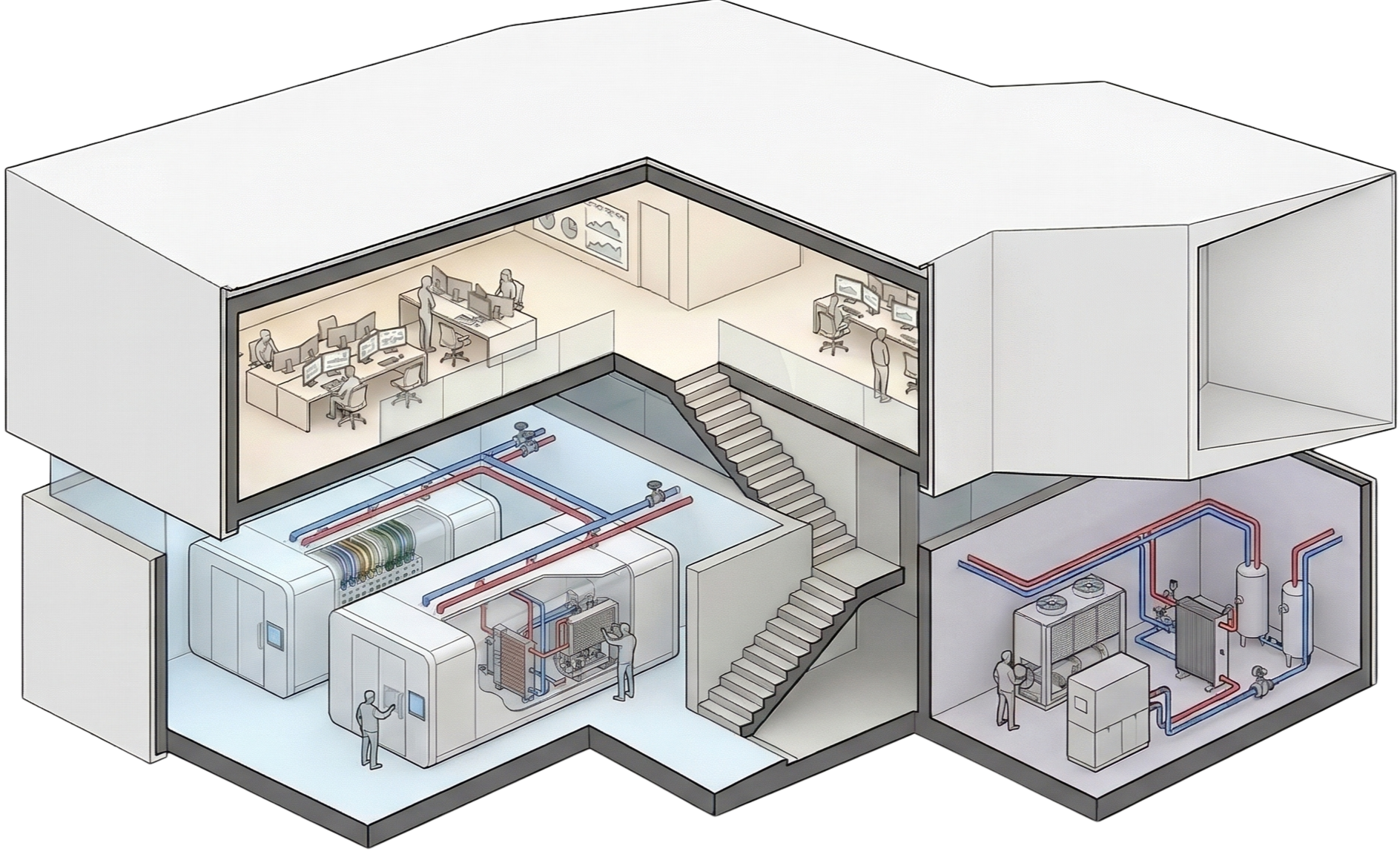 MicroLink module cutaway showing operations gallery, compute pods, thermal loop manifolds, and dry-cooler plant room