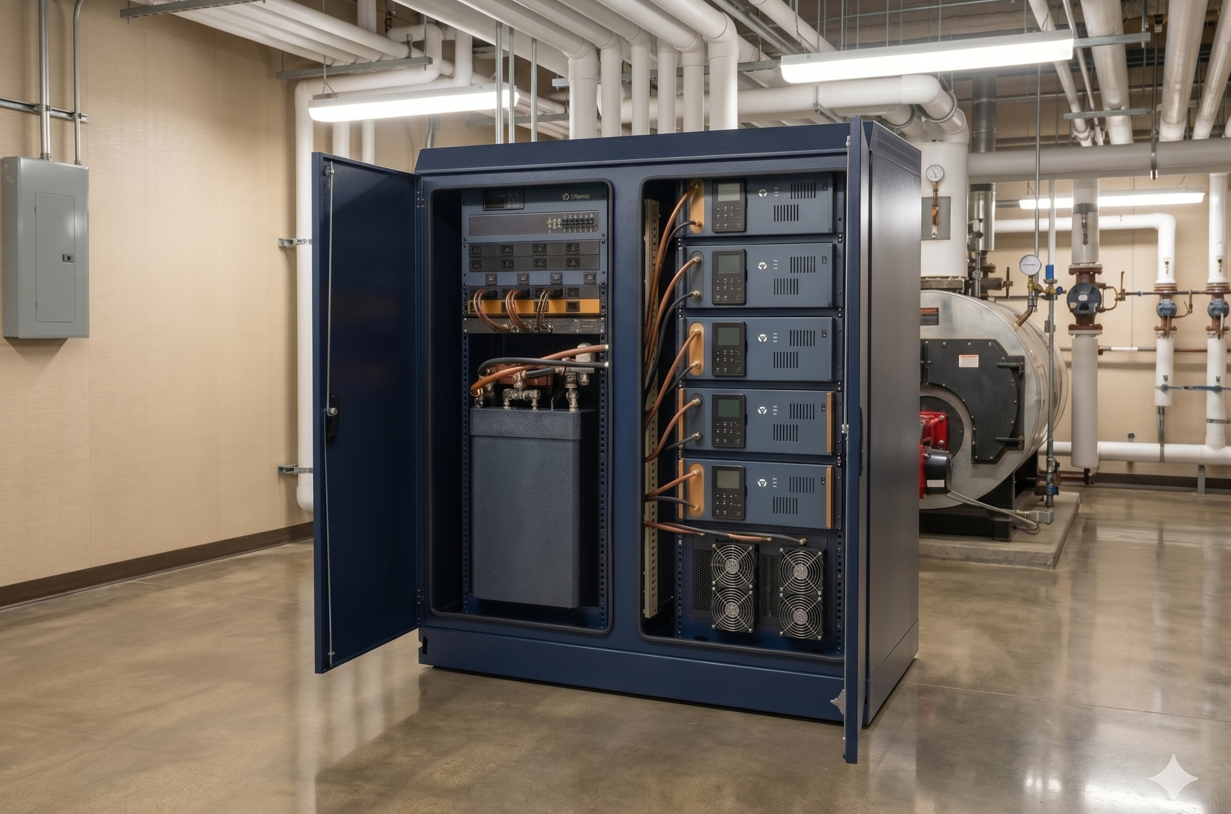 MicroLink Edge SPV cabinet inside hotel mechanical room, full-context view with copper-piped thermal coupling and adjacent boiler