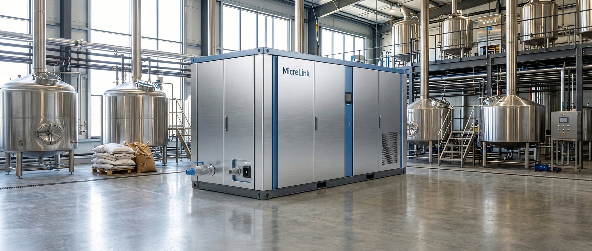 MicroLink Edge pod inside a brewery facility — stainless cabinet alongside fermentation tanks