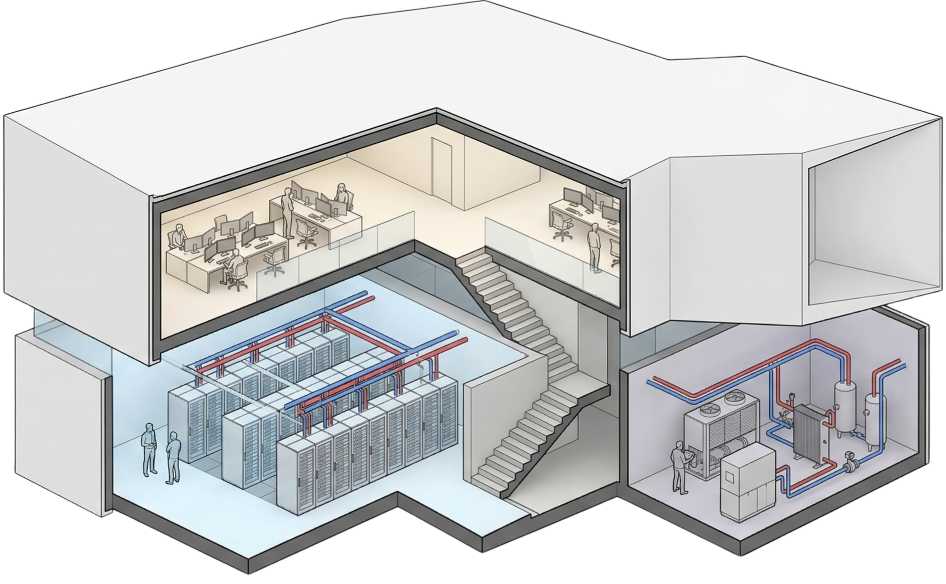 MicroLink facility cross-section: control room above, compute floor and mechanical room below