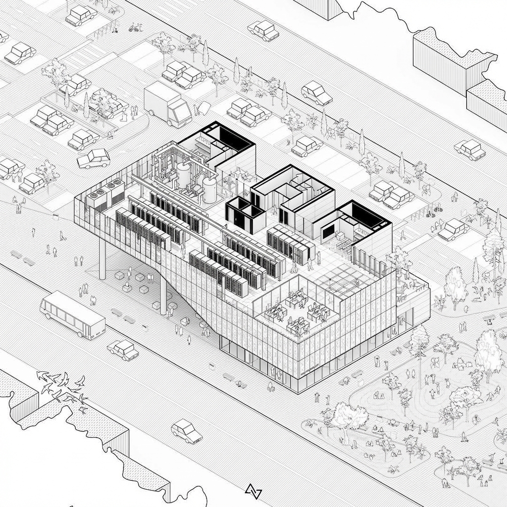 MicroLink data centre rendered in architectural isometric, embedded in operating streetscape — cars, bus, pedestrians, street trees, full urban context