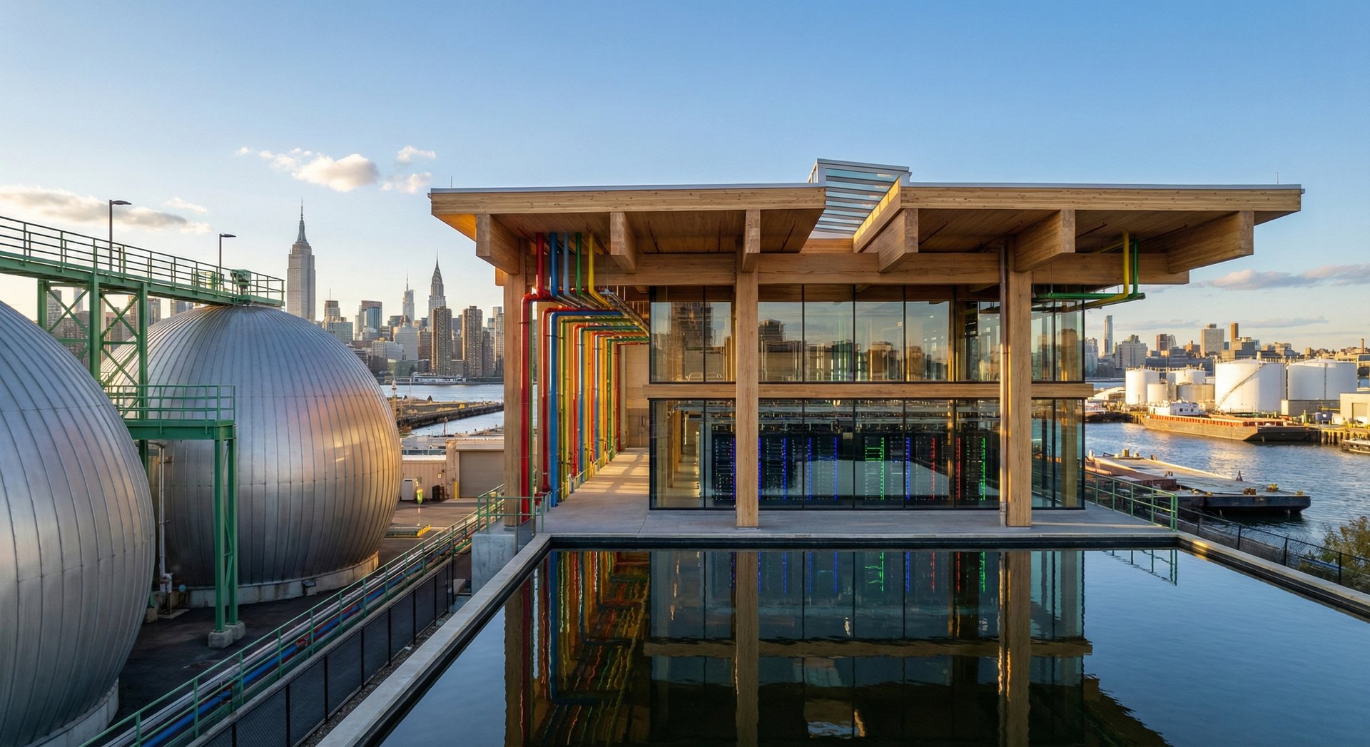 Newtown Creek WRRF — silver digester eggs and waterfront pavilion with Manhattan skyline in distance