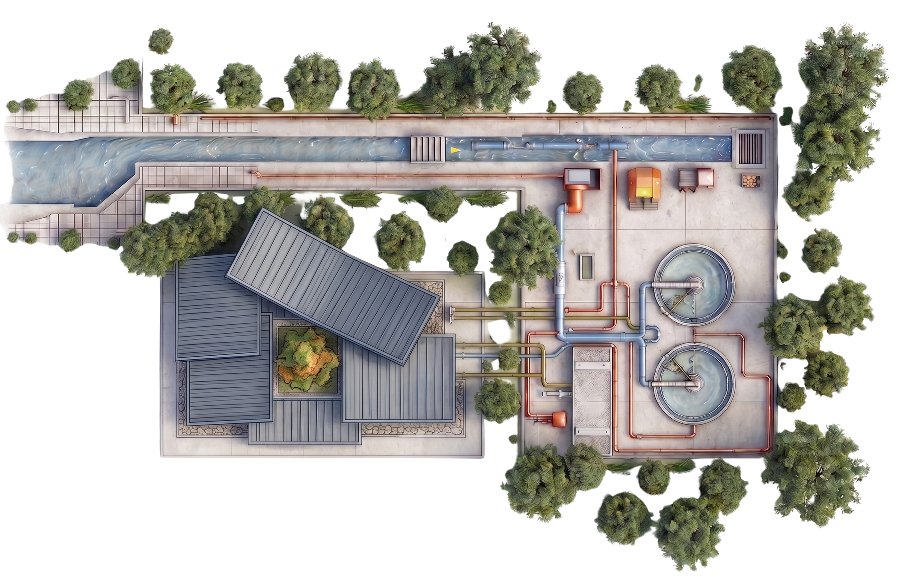 Aerial schematic: data centre top-left, three-loop thermal interface, wastewater treatment plant on the right.