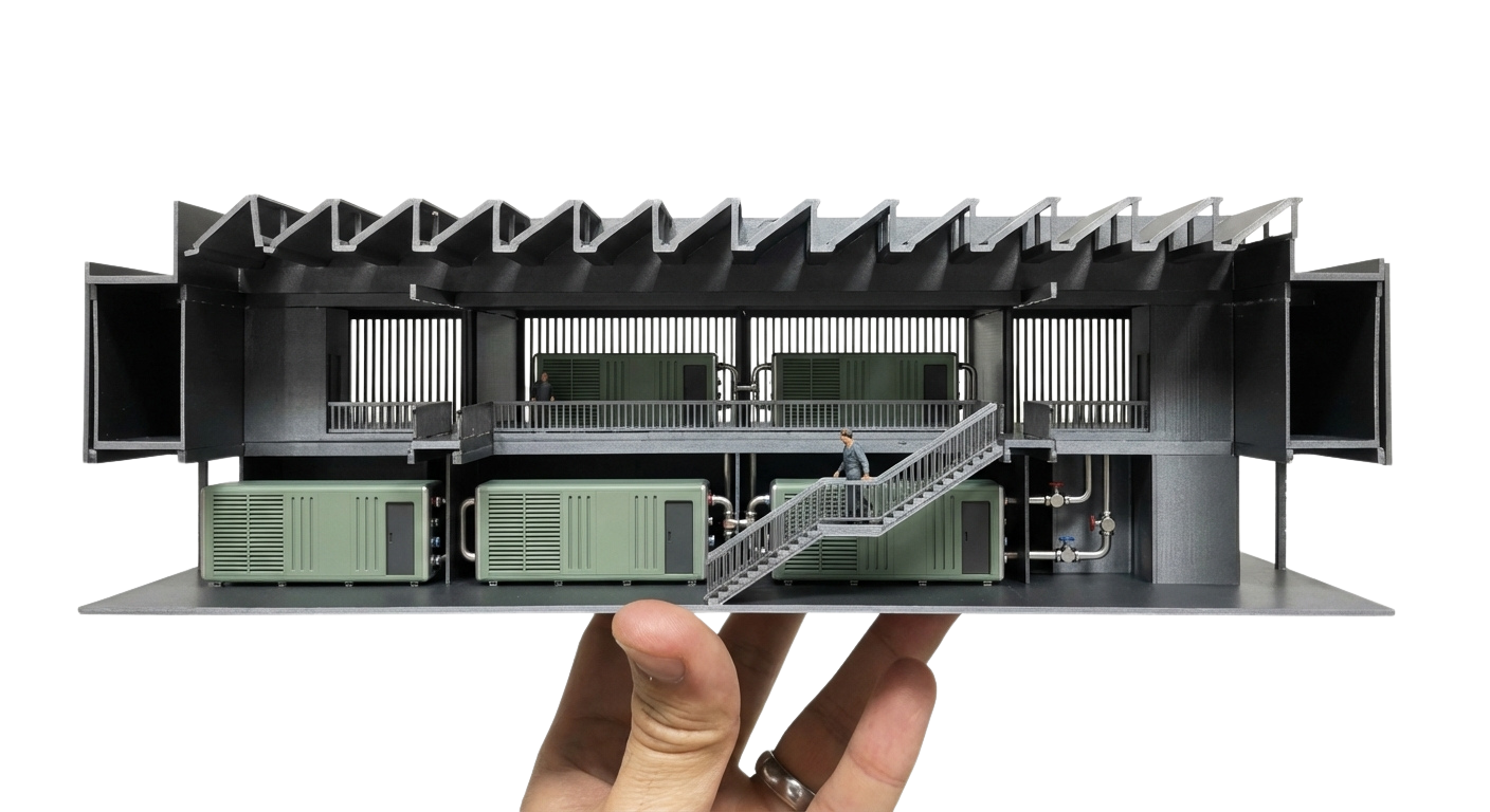 Physical scale model of a MicroLink two-container compute module, shown in section to reveal internal layout