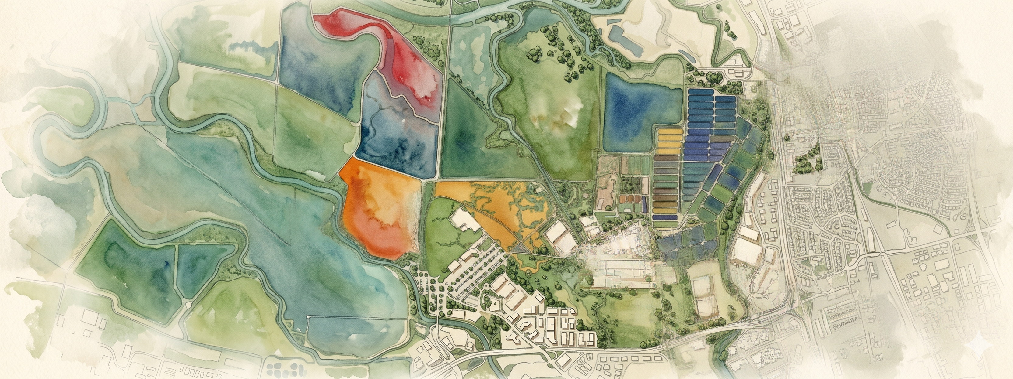 Watercolour aerial map of San José Regional Wastewater Facility, the adjacent industrial parcel including the Prologis STEM Park site, and the surrounding South Bay landscape