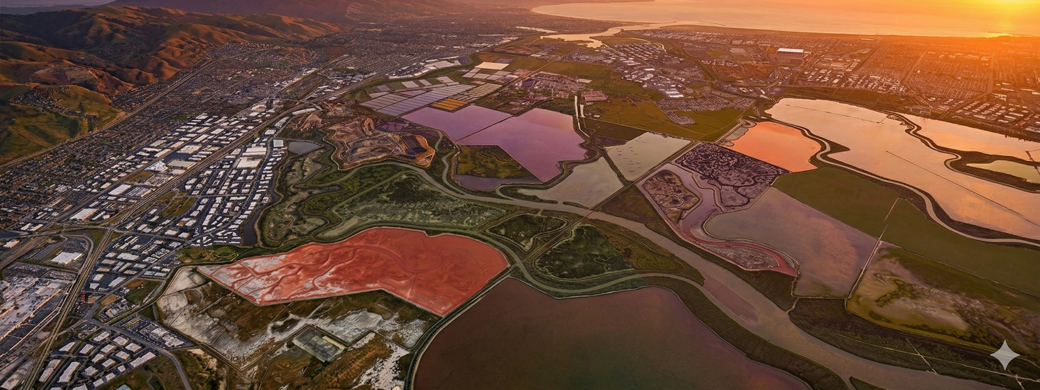 South Bay aerial at sunset, salt ponds and tidal flats around the San José–Santa Clara catchment