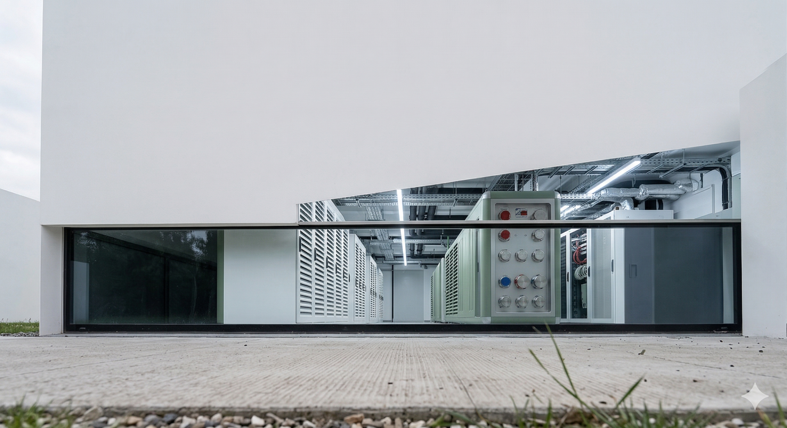 MicroLink data centre interior, glass corridor with server racks and cooling control infrastructure visible inside