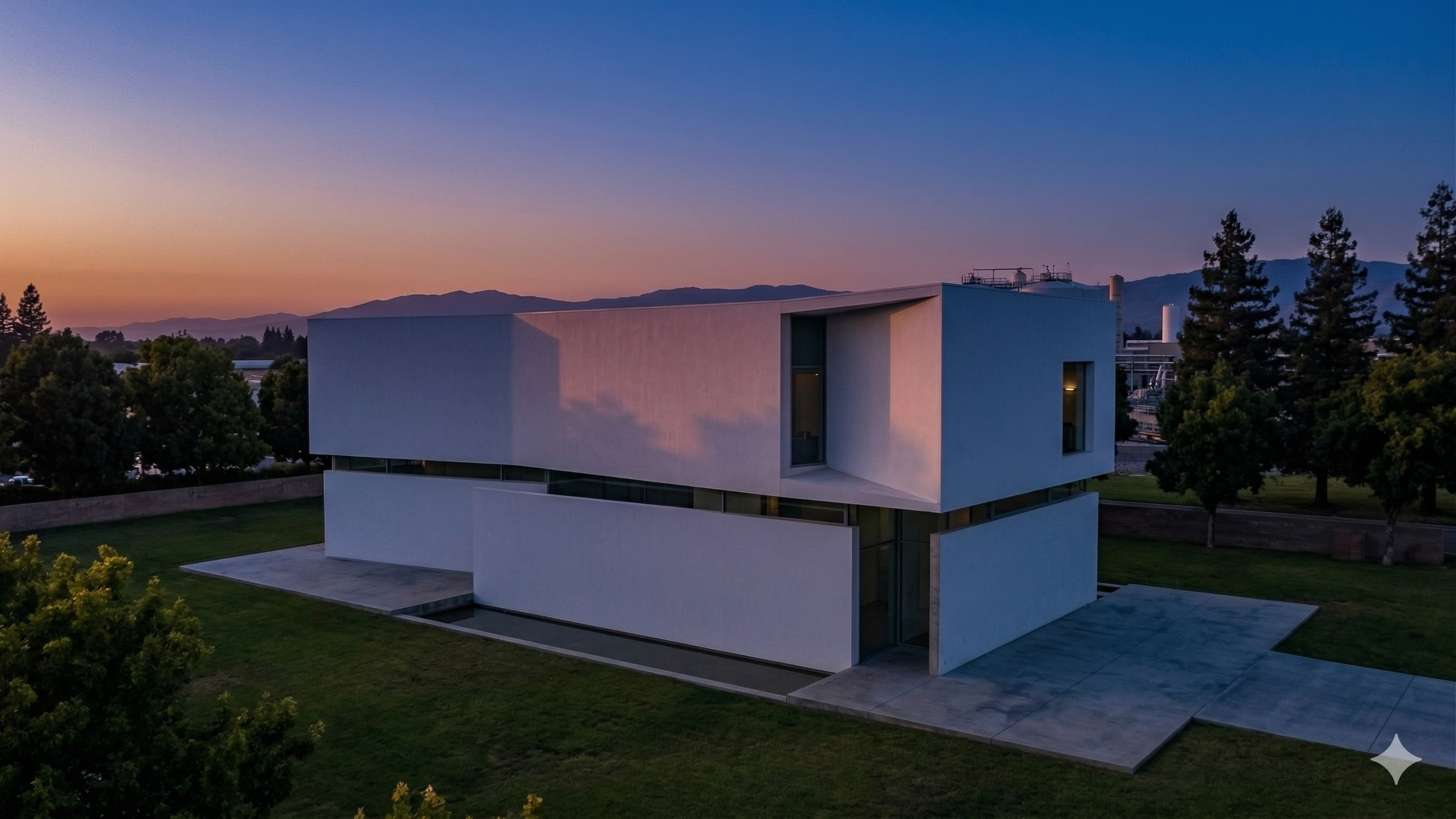 San José–Santa Clara Regional Wastewater Facility · MicroLink data centre at golden hour, modular white architectural form against South Bay foothills