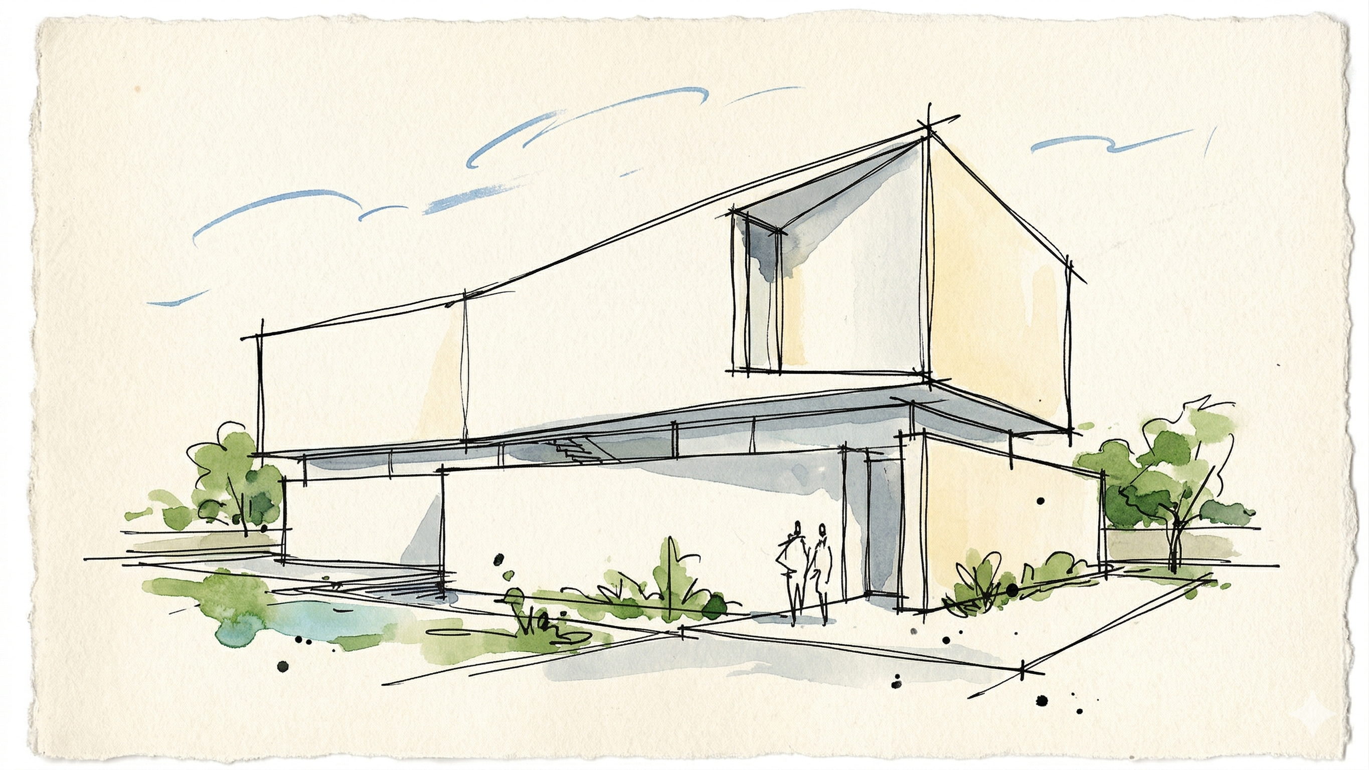 MicroLink data centre, watercolour architectural sketch — pen and watercolour study, building from oblique angle with planting and figures in foreground