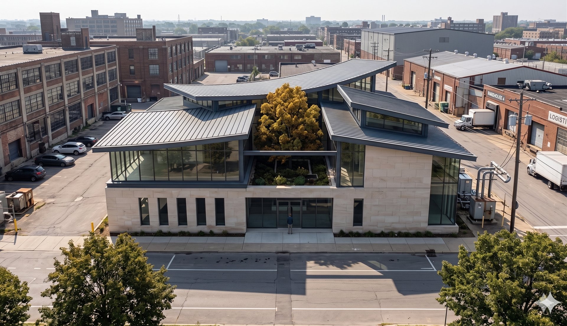 UW West Campus Utility Plant Annex — modern facility with curved zinc roofline in industrial setting